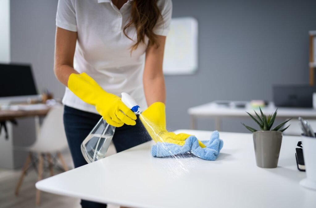 Cleaner wiping reception desk and vacuuming hallway in occupied office suite
