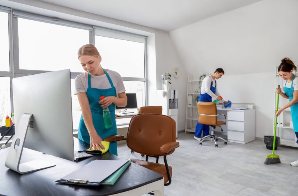 Cleaner wiping conference table and sanitizing shared office touchpoints before morning meeting