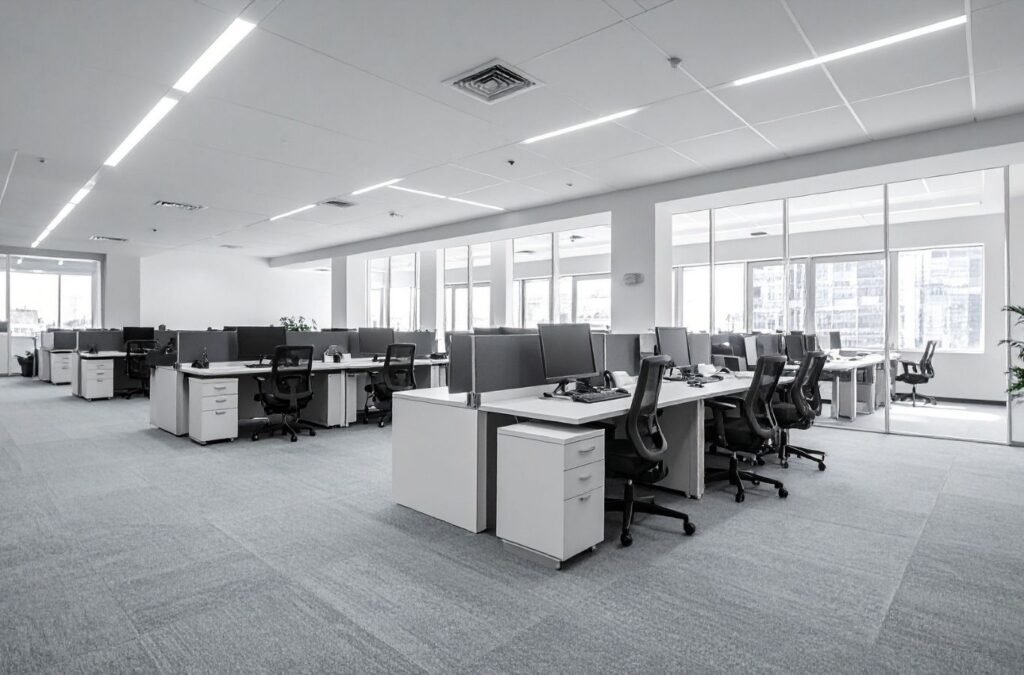 Professional cleaner checking office touchpoints and floor condition with careful attention. Office Cleaning near me.